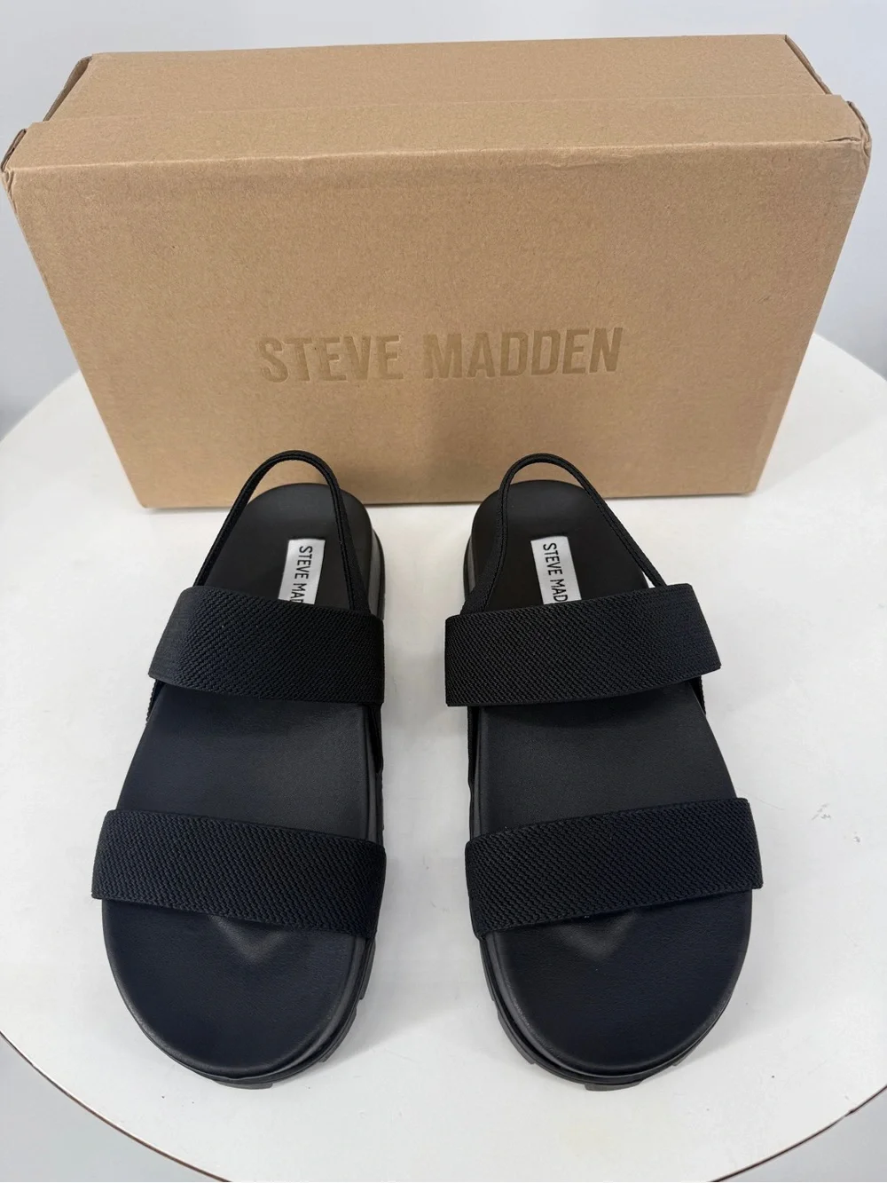 Steve Madden Landmark Black Lug Sole Elastic Strap Sandals NIB Size 6.5 - Picture 3 of 8